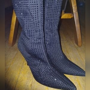 Forever 21 Black Rhinestone Heeled Boots Size 7